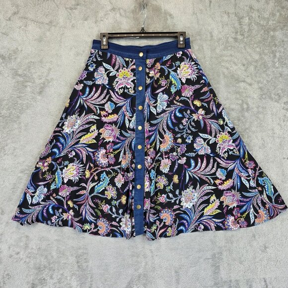 VENUS Skirt Womens 6 Black Floral Button Front A-Line Midi Lined Denim Trim - Picture 1 of 10